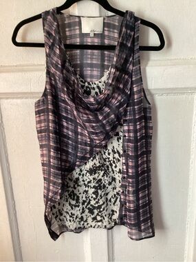 3.1 Phillip Lim Pink and Black Plaid Layered Cowl Cami with Speckled Inner Panel